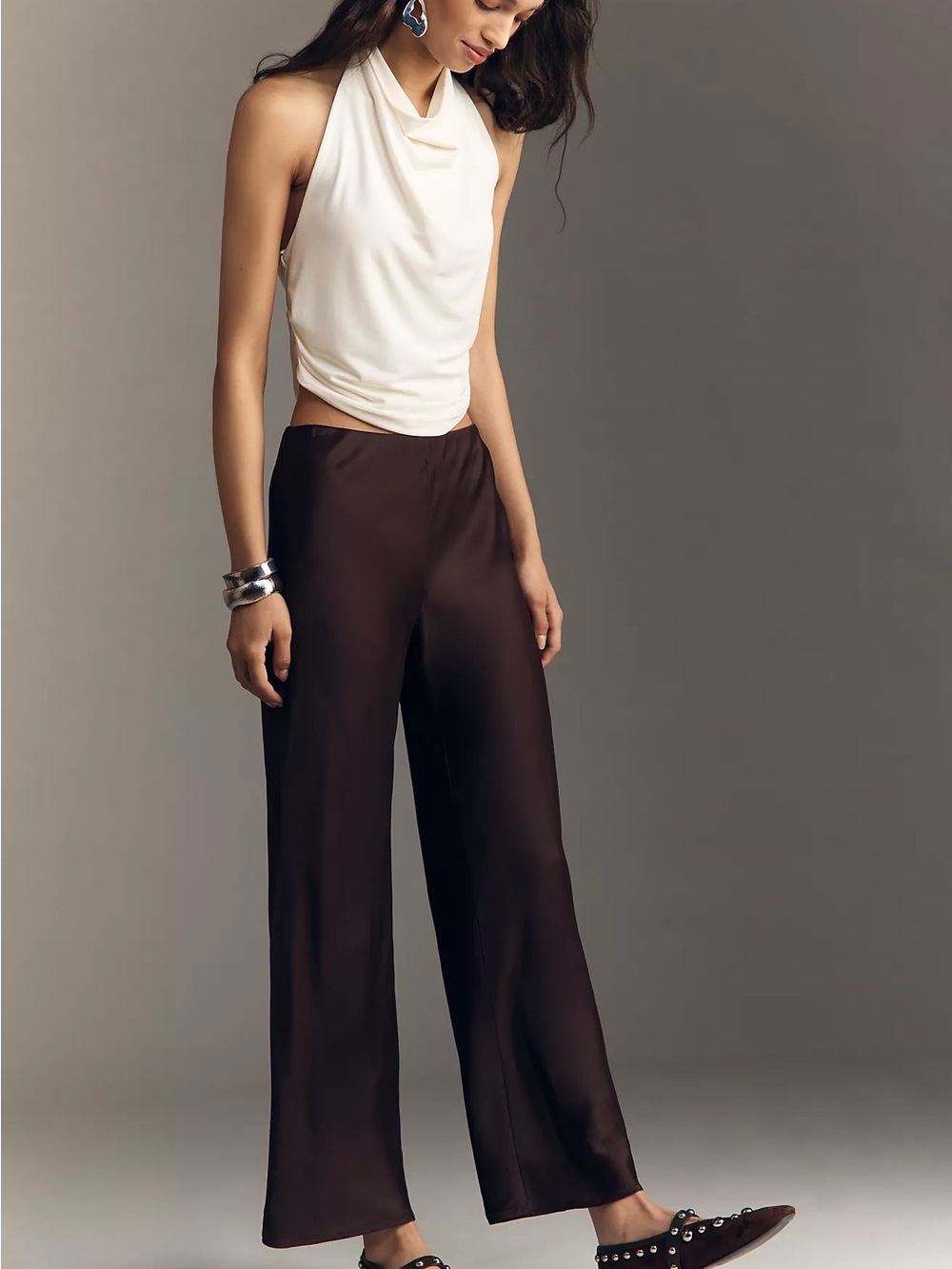 Tilda Pull-On Wide-Leg Satin Pants by Anthropologie. Color is BLACK not brown.